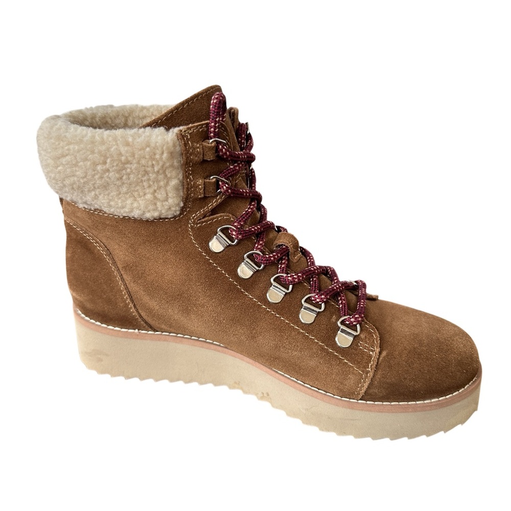 SAM EDELMAN Suede Leather Toffee Brown Franc Hiking Boots Faux Shearling Trim 9